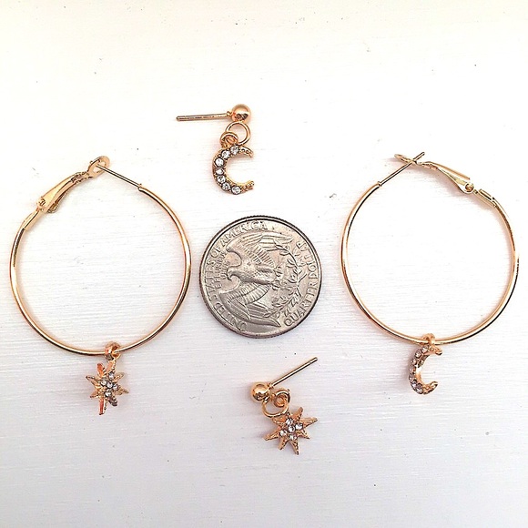 ⚜️[𝟯/$𝟭𝟴]⚜️4 Gold Moon Star Earrings Set NEW - Picture 4 of 7